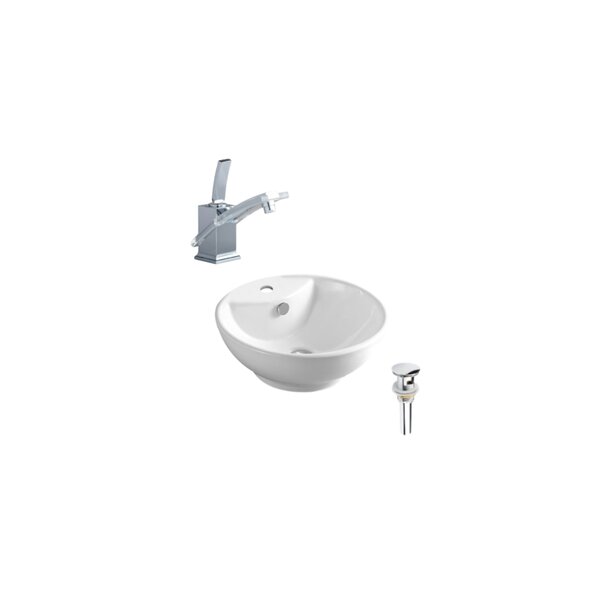 DROP Bath And Kitchen 18'' White Ceramic Circular Vessel Bathroom Sink With Faucet And Overflow 